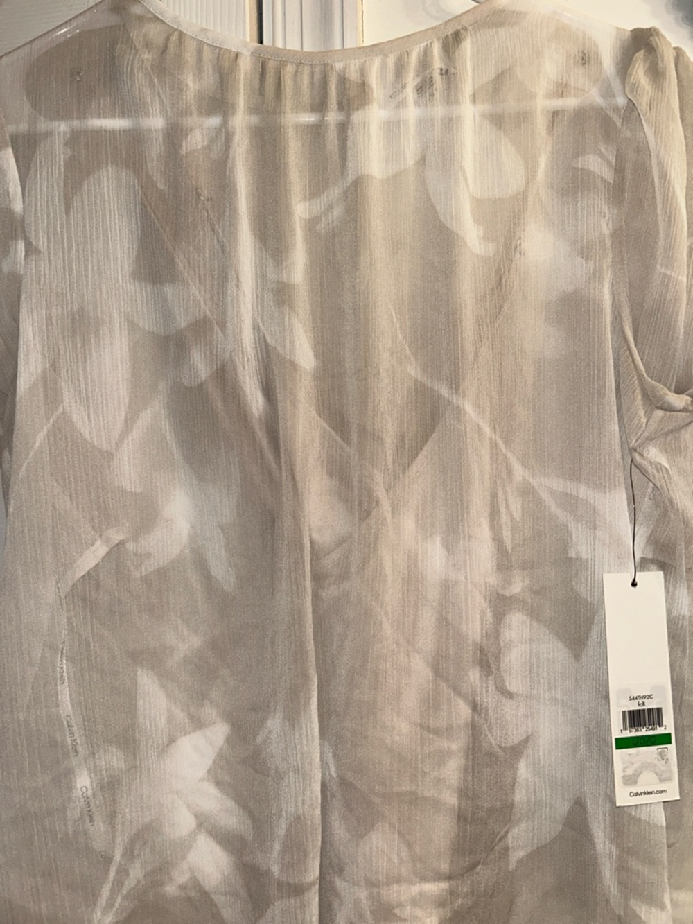 Calvin Klein Sheer Floral-Print Long Sleeve Top in Ivory and Light Gray